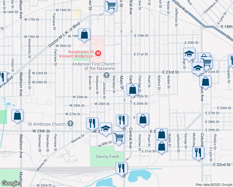 map of restaurants, bars, coffee shops, grocery stores, and more near 2419 Main Street in Anderson