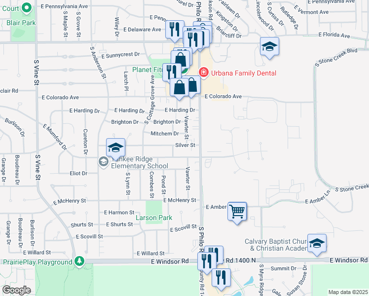 map of restaurants, bars, coffee shops, grocery stores, and more near 1303 Mitchem Drive in Urbana