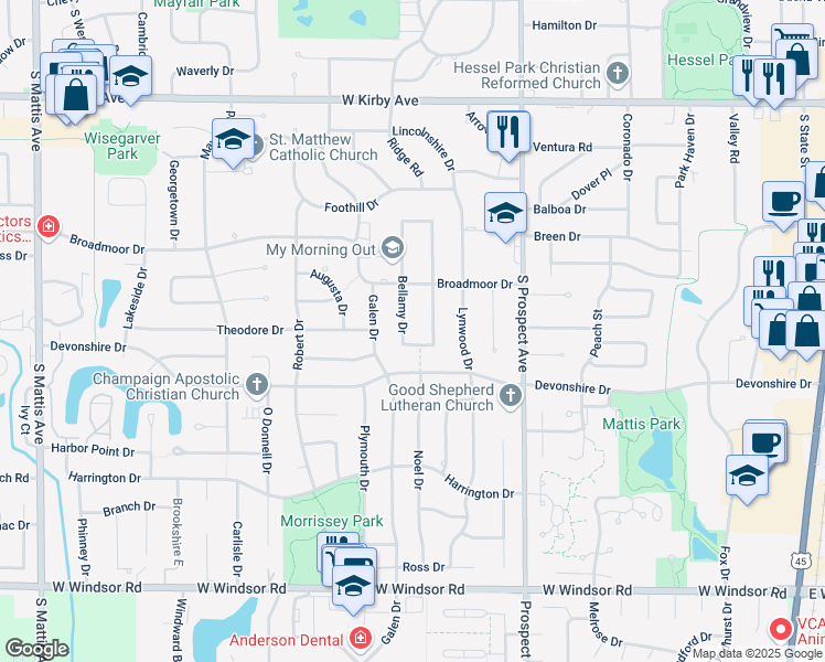 map of restaurants, bars, coffee shops, grocery stores, and more near 1907 Mc Donald Drive in Champaign