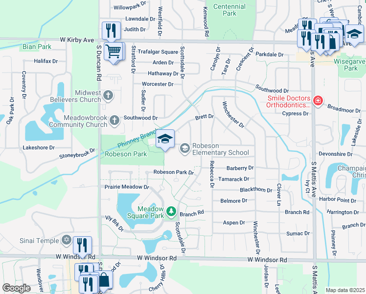 map of restaurants, bars, coffee shops, grocery stores, and more near 2523 Brett Court in Champaign