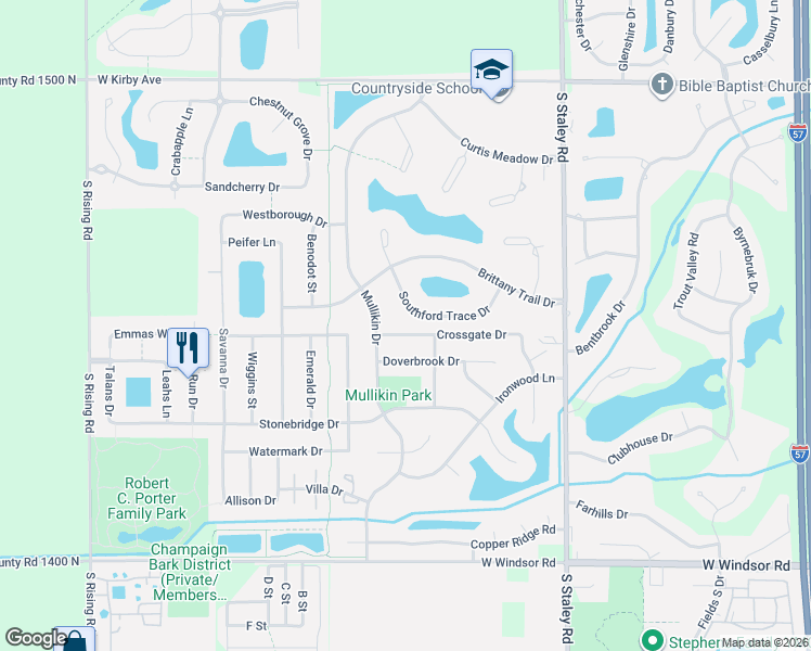 map of restaurants, bars, coffee shops, grocery stores, and more near 4410 Southford Trace Drive in Champaign