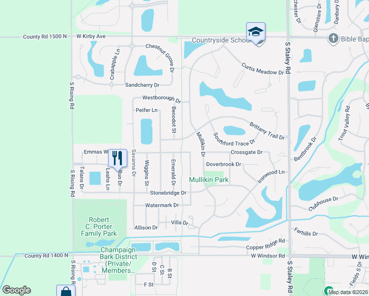 map of restaurants, bars, coffee shops, grocery stores, and more near 4603-4605 Brittany Trail Drive in Champaign