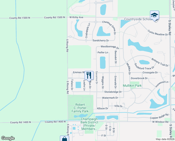 map of restaurants, bars, coffee shops, grocery stores, and more near 5002 Emmas Way in Champaign