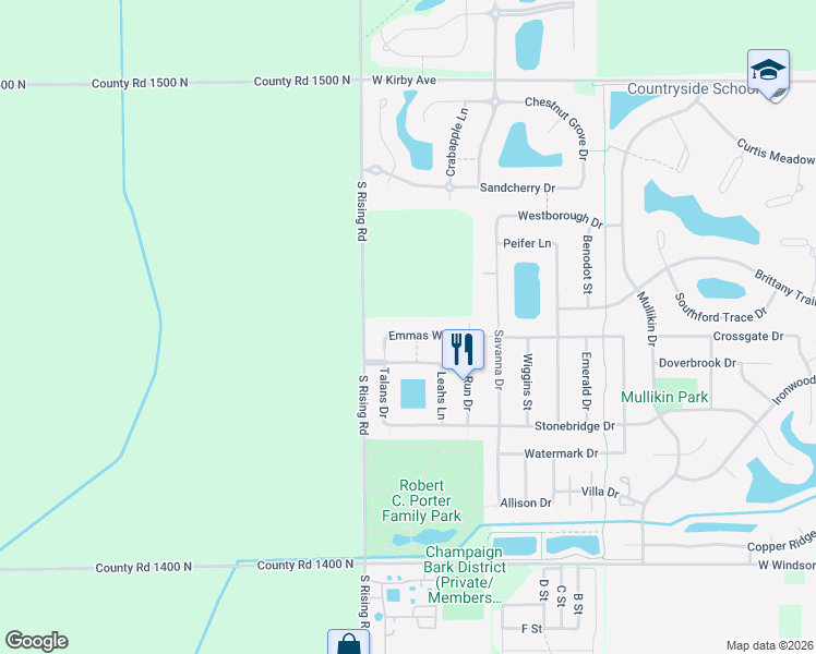 map of restaurants, bars, coffee shops, grocery stores, and more near 5110 Emmas Way in Champaign