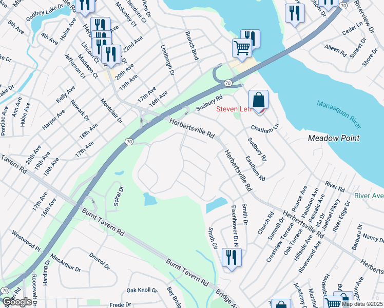 map of restaurants, bars, coffee shops, grocery stores, and more near 12 Orchid Lane in Brick