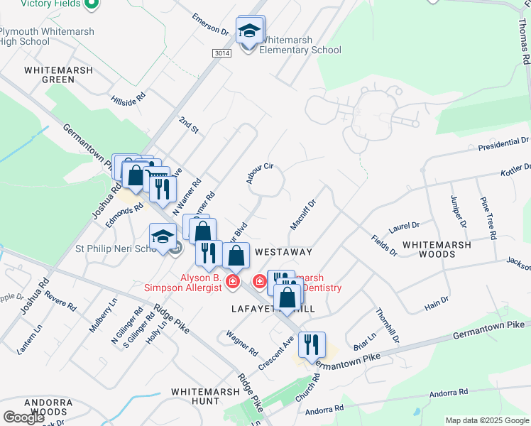 map of restaurants, bars, coffee shops, grocery stores, and more near 473 South Silver Bell Lane in Lafayette Hill