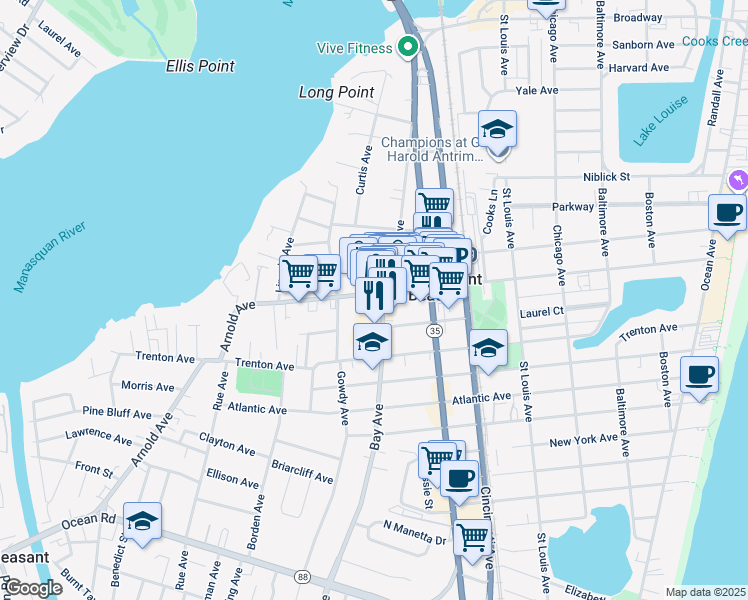 map of restaurants, bars, coffee shops, grocery stores, and more near 704 Arnold Avenue in Point Pleasant Beach