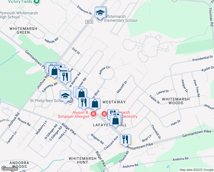 map of restaurants, bars, coffee shops, grocery stores, and more near 473 South Silver Bell Lane in Lafayette Hill