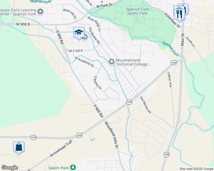 map of restaurants, bars, coffee shops, grocery stores, and more near 1442 Wheatfield Lane in Spanish Fork