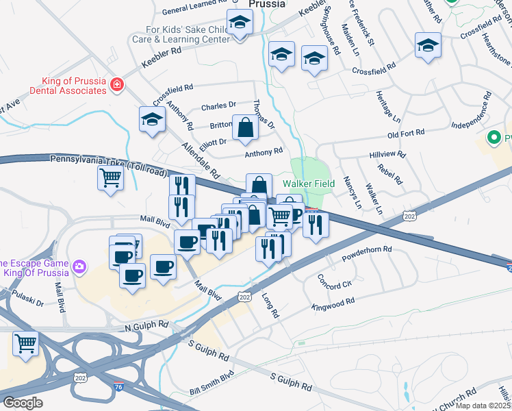 map of restaurants, bars, coffee shops, grocery stores, and more near 206 Allendale Road in King of Prussia