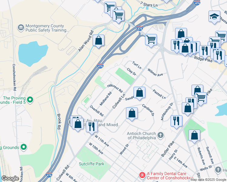 map of restaurants, bars, coffee shops, grocery stores, and more near 1353 Midland Road in Conshohocken