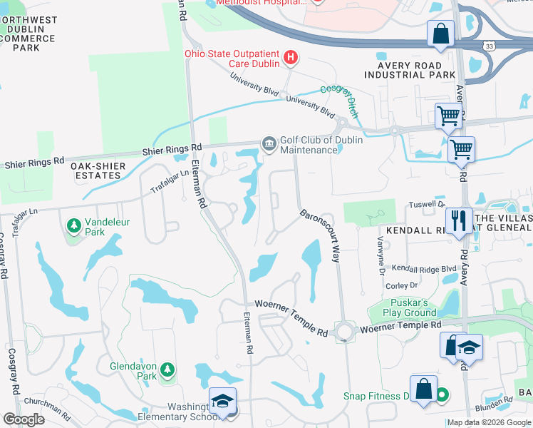 map of restaurants, bars, coffee shops, grocery stores, and more near 6635 Baronscourt Loop in Dublin