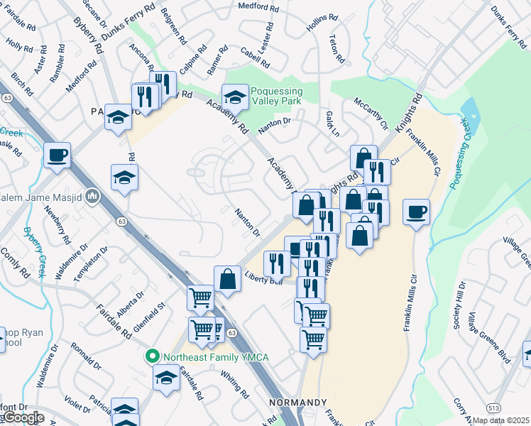 map of restaurants, bars, coffee shops, grocery stores, and more near 12526 Biscayne Drive in Philadelphia