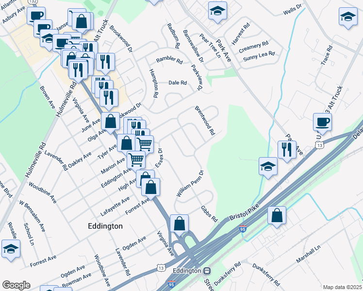 map of restaurants, bars, coffee shops, grocery stores, and more near 1409 Berkshire Drive in Bensalem