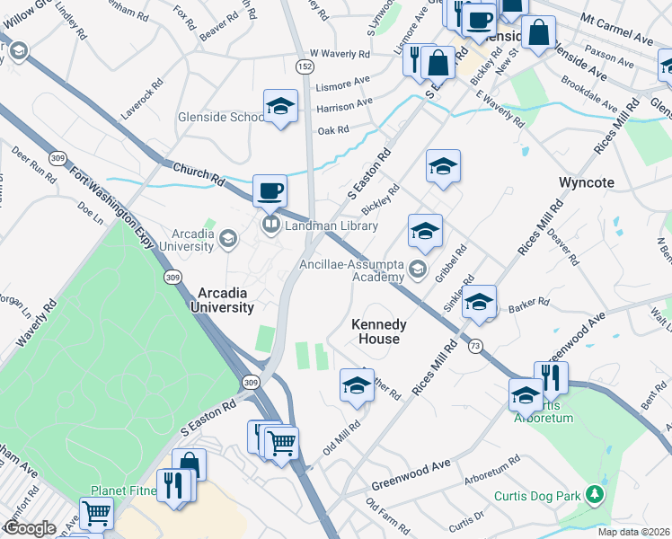 map of restaurants, bars, coffee shops, grocery stores, and more near 1600 Church Road in Wyncote