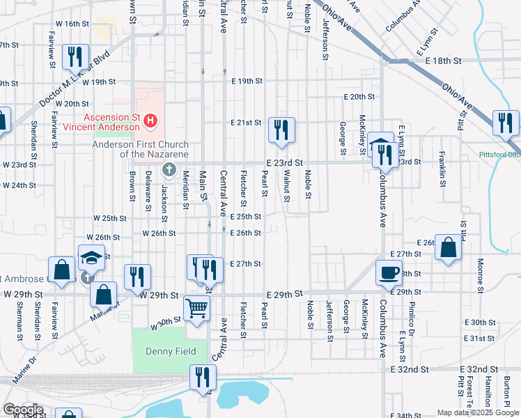 map of restaurants, bars, coffee shops, grocery stores, and more near 2441 Pearl Street in Anderson