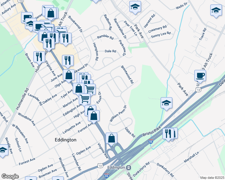 map of restaurants, bars, coffee shops, grocery stores, and more near 1409 Berkshire Drive in Bensalem