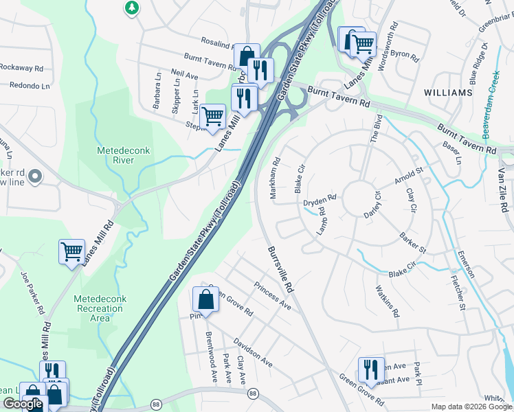 map of restaurants, bars, coffee shops, grocery stores, and more near 1753 Burrsville Road in Brick Township