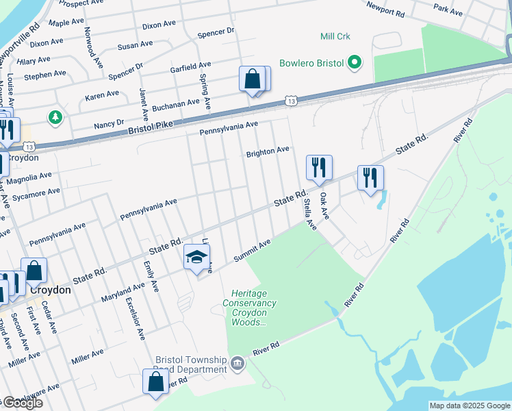 map of restaurants, bars, coffee shops, grocery stores, and more near 2203 State Road in Croydon