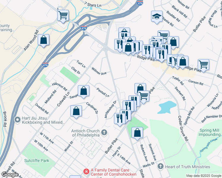 map of restaurants, bars, coffee shops, grocery stores, and more near 402 Hallman Avenue in Conshohocken