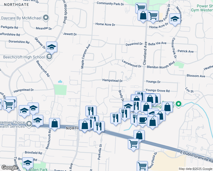 map of restaurants, bars, coffee shops, grocery stores, and more near 6045 Slippery Rock Drive in Columbus