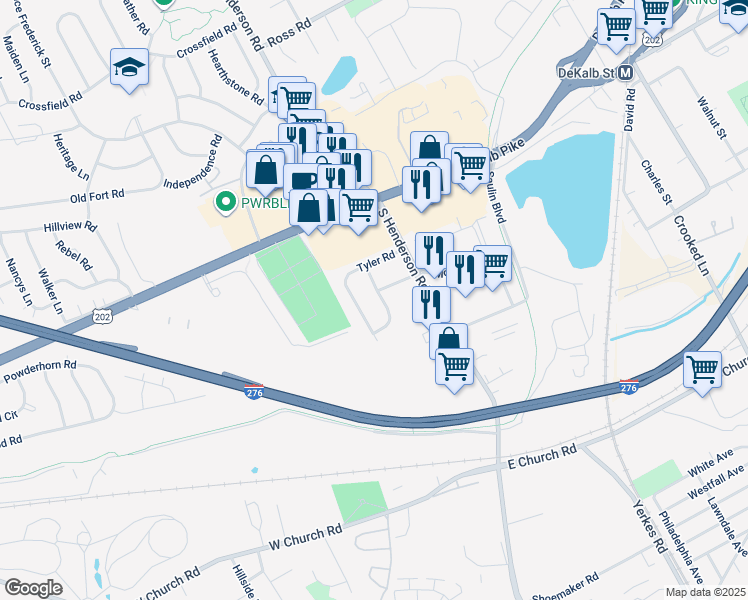 map of restaurants, bars, coffee shops, grocery stores, and more near 213 Garfield Road in King of Prussia
