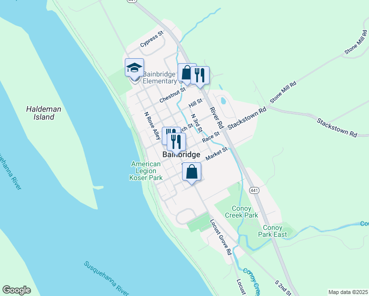 map of restaurants, bars, coffee shops, grocery stores, and more near 216 Race Street in Bainbridge
