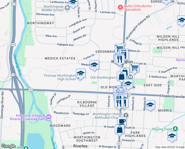 map of restaurants, bars, coffee shops, grocery stores, and more near 885 Evening Street in Worthington