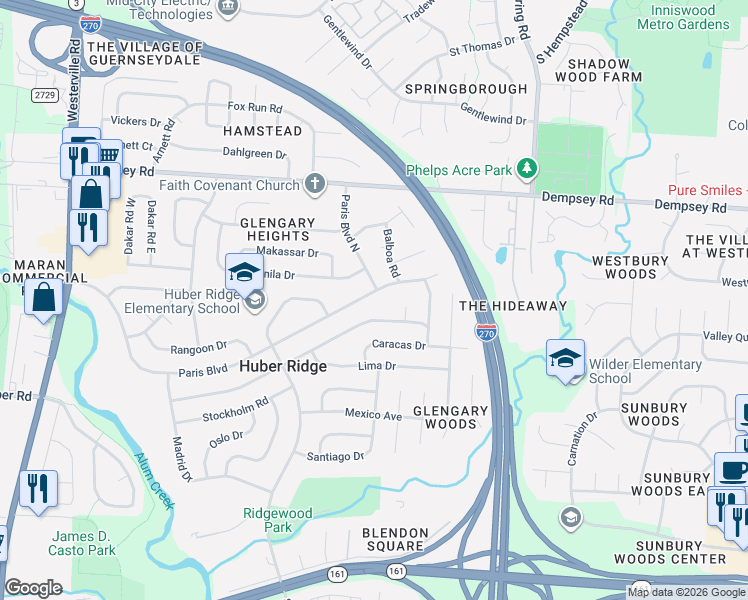 map of restaurants, bars, coffee shops, grocery stores, and more near 5977 Paris Boulevard East in Westerville