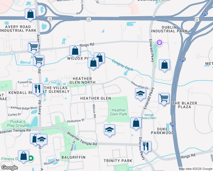 map of restaurants, bars, coffee shops, grocery stores, and more near 5858 Innovation Drive in Dublin