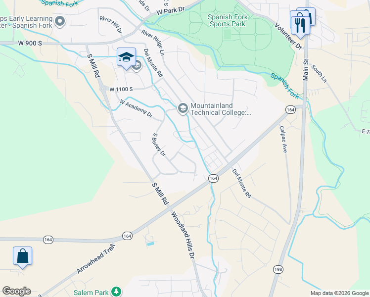 map of restaurants, bars, coffee shops, grocery stores, and more near 1442 South Wheatfield Lane in Spanish Fork
