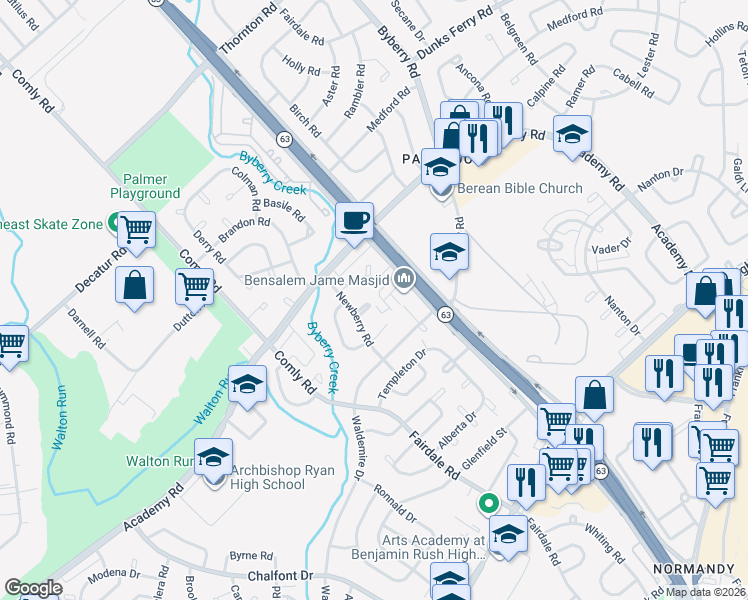 map of restaurants, bars, coffee shops, grocery stores, and more near 12097 Abby Road in Philadelphia