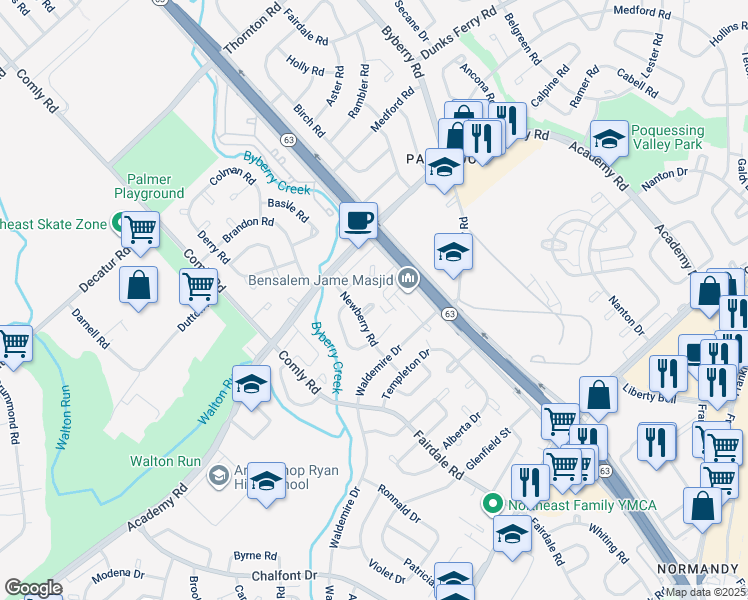 map of restaurants, bars, coffee shops, grocery stores, and more near 12017 Legion Street in Philadelphia