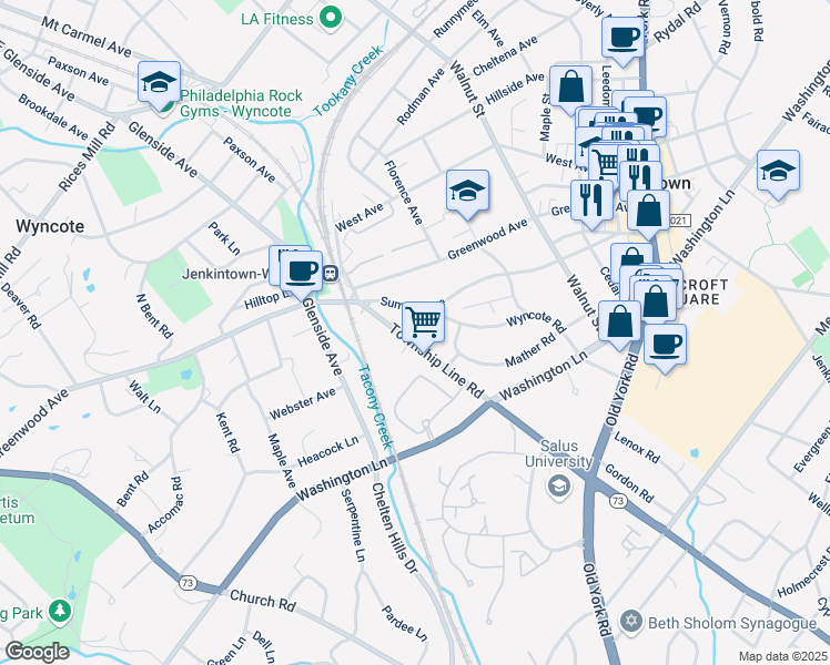 map of restaurants, bars, coffee shops, grocery stores, and more near 126 Summit Avenue in Jenkintown