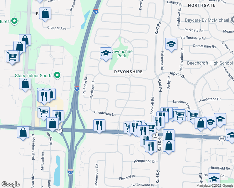 map of restaurants, bars, coffee shops, grocery stores, and more near 6135 Whitby Square West in Columbus