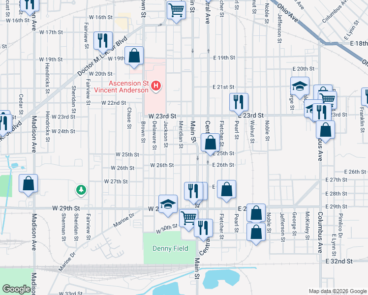 map of restaurants, bars, coffee shops, grocery stores, and more near 2419 Main Street in Anderson