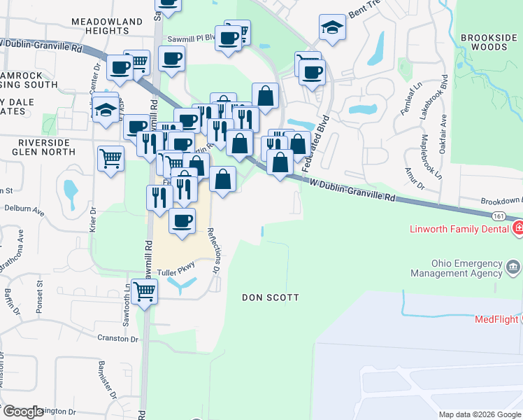 map of restaurants, bars, coffee shops, grocery stores, and more near 6635 Dumont Lane in Columbus