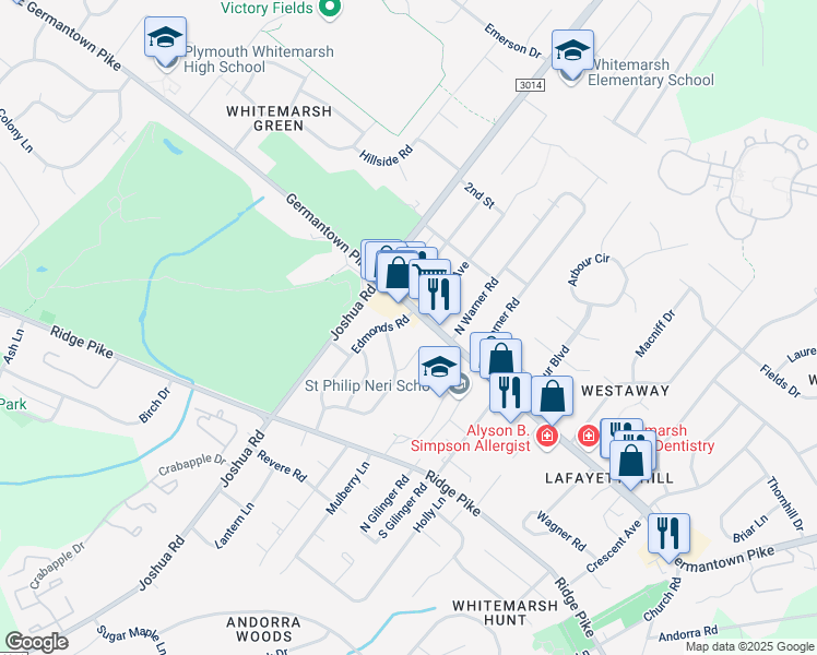 map of restaurants, bars, coffee shops, grocery stores, and more near 3034 Edmonds Road in Lafayette Hill