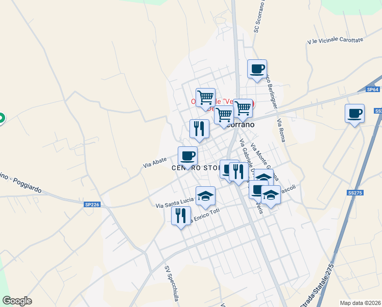 map of restaurants, bars, coffee shops, grocery stores, and more near 87 Via Marco Emilio Scauro in Scorrano