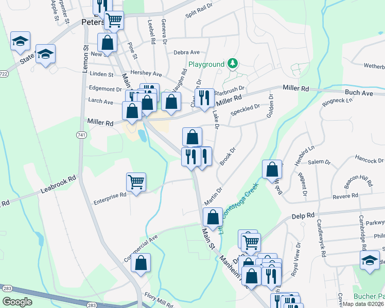 map of restaurants, bars, coffee shops, grocery stores, and more near 5412 Rainbow Drive in East Petersburg