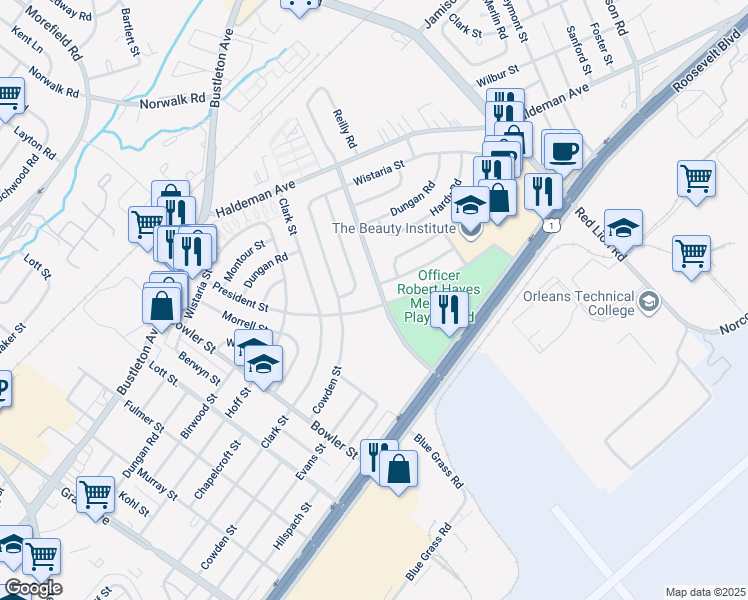 map of restaurants, bars, coffee shops, grocery stores, and more near 2127 President Street in Philadelphia