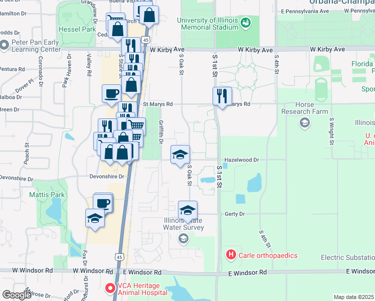 map of restaurants, bars, coffee shops, grocery stores, and more near 1909 South Oak Street in Champaign