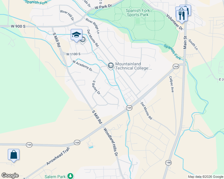 map of restaurants, bars, coffee shops, grocery stores, and more near 1442 South Wheatfield Lane in Spanish Fork