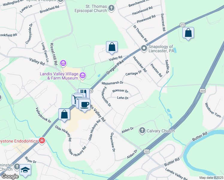 map of restaurants, bars, coffee shops, grocery stores, and more near 1046 Roesser Drive in Lancaster
