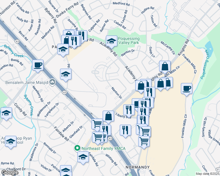 map of restaurants, bars, coffee shops, grocery stores, and more near 3624 Nanton Terrace in Philadelphia