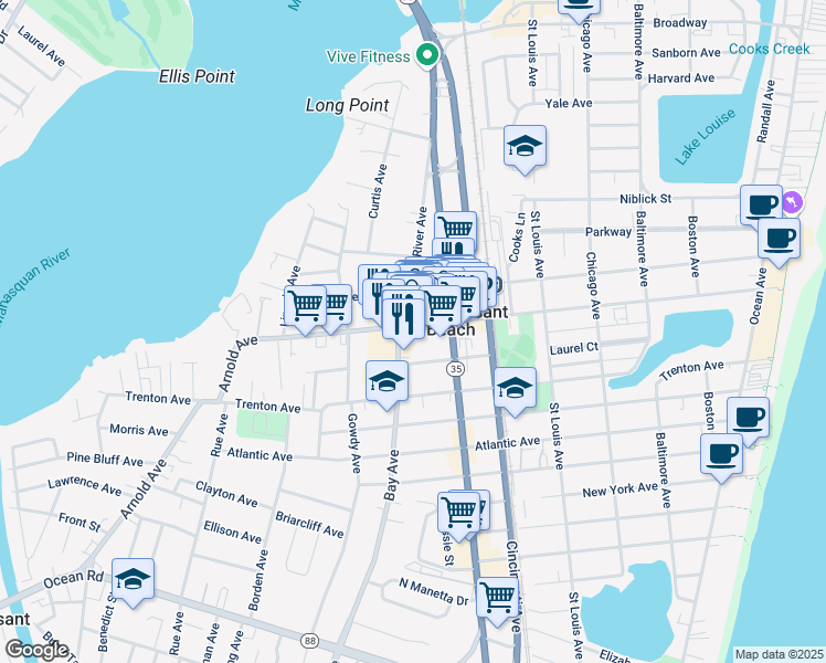 map of restaurants, bars, coffee shops, grocery stores, and more near 636 Arnold Avenue in Point Pleasant Beach