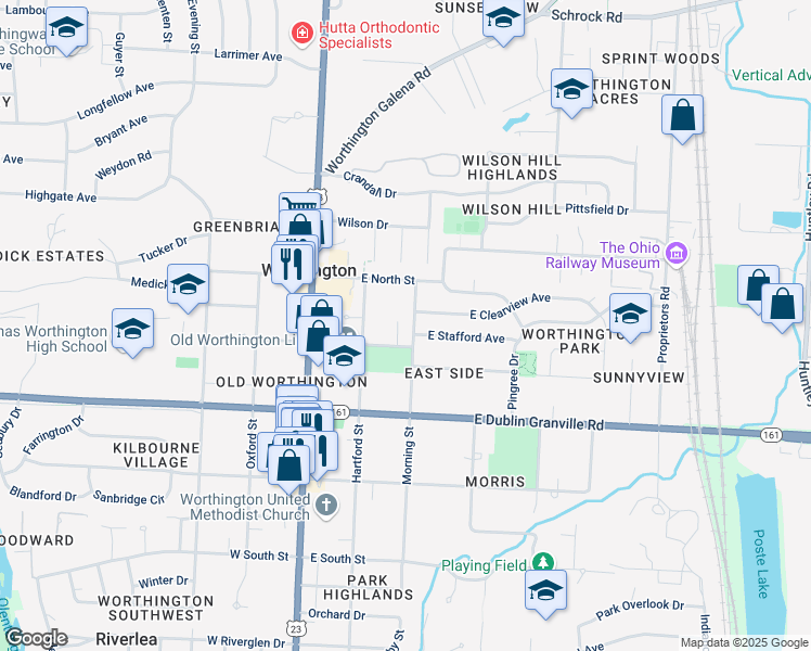 map of restaurants, bars, coffee shops, grocery stores, and more near 901 Morning Street in Worthington