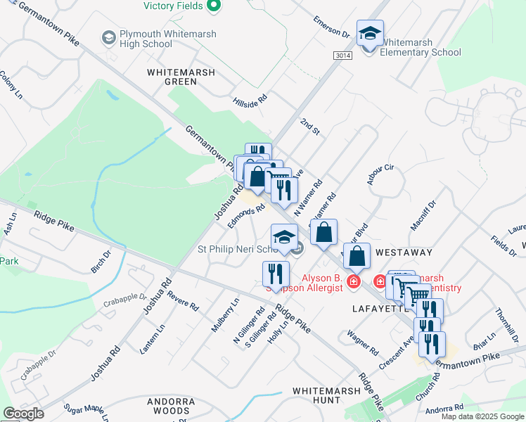 map of restaurants, bars, coffee shops, grocery stores, and more near 3034 Edmonds Road in Lafayette Hill