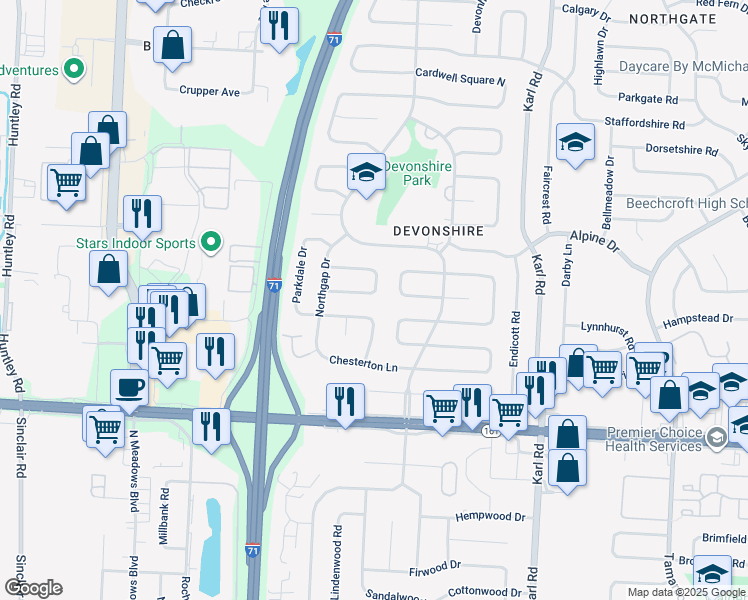 map of restaurants, bars, coffee shops, grocery stores, and more near 1285 Oakfield Drive South in Columbus