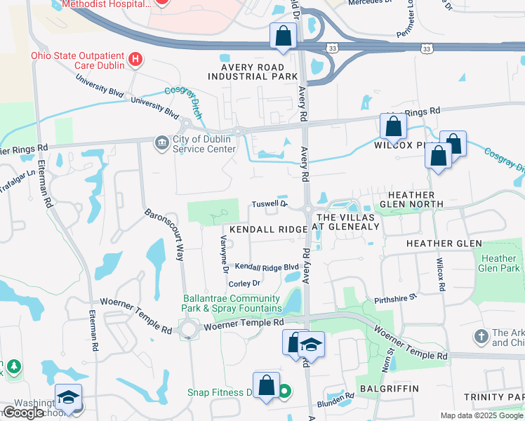 map of restaurants, bars, coffee shops, grocery stores, and more near 6118 Kendall Ridge Loop in Dublin